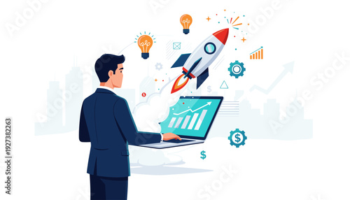 Successful Startup Launch and New Business Project Concept with Businessman Launching Rocket from Laptop, Symbolizing Innovation, Growth, Financial Success, and Entrepreneurial Vision in City.