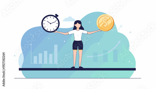 Flat Vector Illustration of a Woman Balancing a Clock and a Gold Dollar Coin in Her Hands, Representing Time Management, Financial Stability, Work-Life Balance, and Business Productivity Concept