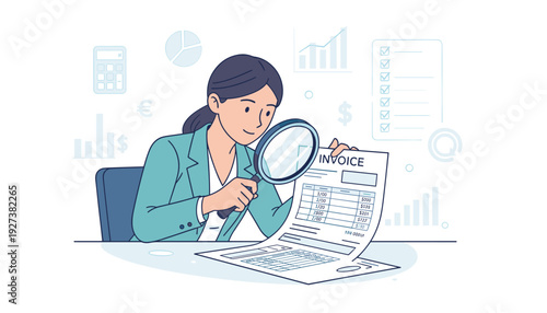 Businesswoman Examining Invoice with Magnifying Glass for Accounting and Auditing. Financial Professional Reviewing Bills, Taxes, and Expenses with Charts and Data Icons in the Background.
