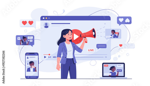 Video Marketing and Live Streaming Concept Illustration with Influencer Holding Megaphone to Promote Brand Content on Social Media Platforms via Laptop, Smartphone, and Web Video Player Interface.