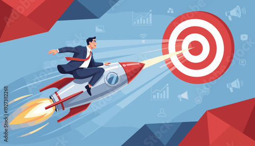 Businessman in a suit riding a fast rocket missile towards a large target, representing powerful marketing strategy, business growth, reaching target audience, goal achievement, and success.