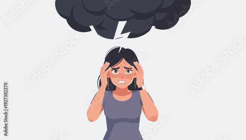 Stressed and upset woman holding her head in pain with a dark storm cloud and lightning bolts above her, representing mental health issues, anxiety, depression, and negative thoughts concept.