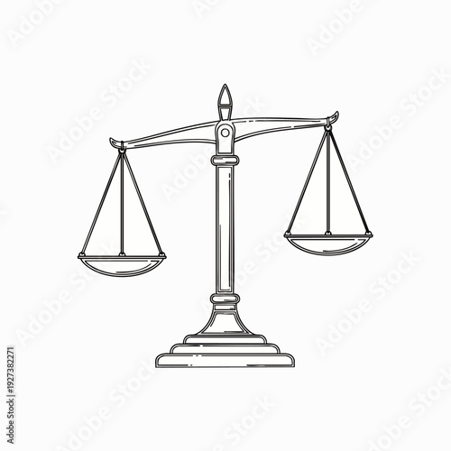 Detailed black and white line art illustration of a classic balance scale, symbolizing justice, equality, law, measurement, and equilibrium on a clean white background.