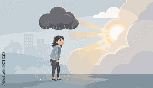 Vector illustration of a sad woman standing under a personal rain cloud while the sun breaks through, symbolizing depression, mental health, anxiety, stress, and the journey toward hope.