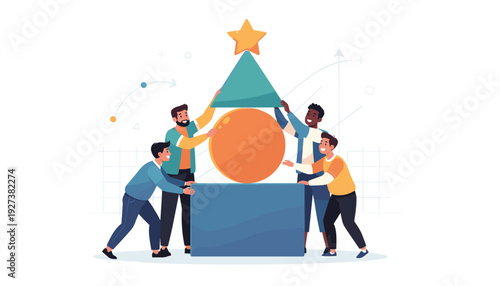Diverse team of professional men working together to stack colorful geometric shapes like a rectangle, sphere, triangle, and star, symbolizing business collaboration, teamwork, and success.