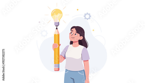 Vector Illustration of a Young Woman Holding a Giant Pencil with a Shining Light Bulb, Concept for Creative Thinking, Innovation, New Ideas, Inspiration, Education, and Professional Success.