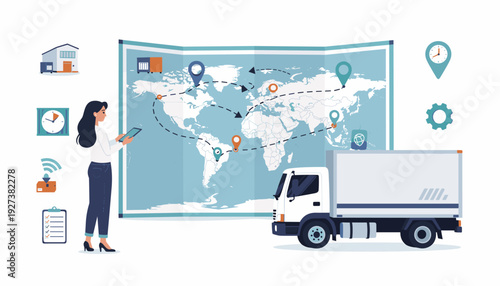 Woman Planning Global Logistics Route on World Map with Delivery Truck and Icons; Concept of International Business Cargo Shipment, Supply Chain Management, and Transportation Services.
