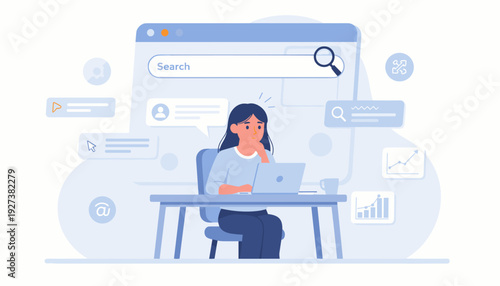 Flat Vector Illustration of a Woman Searching for Information Online Using a Laptop with a Large Web Browser Interface, Search Bar, and Data Analytics Icons in the Background for Digital Concepts