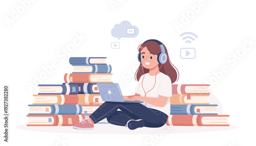 Young Woman Sitting Near Stacks of Books Wearing Headphones and Using Laptop, Concept of Online Reading, Audiobooks, E-learning, Digital Education, Remote Study and Modern Technology Vector Art