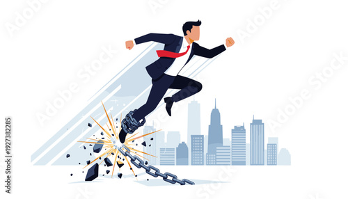 Businessman in suit jumping to break steel chains from his foot for freedom and success, overcoming obstacles and corporate limits, liberation and career growth concept vector illustration.