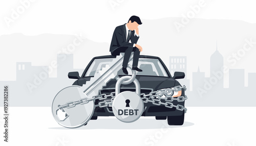Stressed Businessman Sitting on Giant Car Key Chained to a Vehicle with Debt Padlock, Representing Financial Burden, Car Loan Stress, Automotive Debt, Repossession, and Economic Struggle Illustration