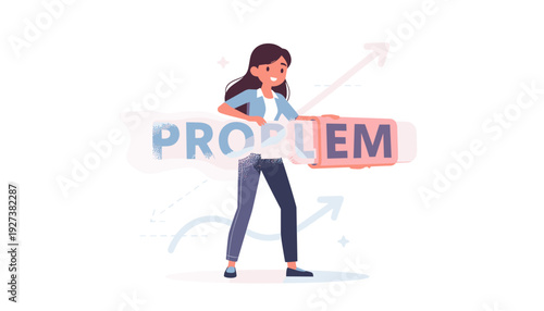 Woman Erasing the Word Problem with Large Eraser Vector Illustration, Concept of Solving Challenges, Overcoming Difficulties, Finding Solutions, Achieving Success and Progress in Business and Life