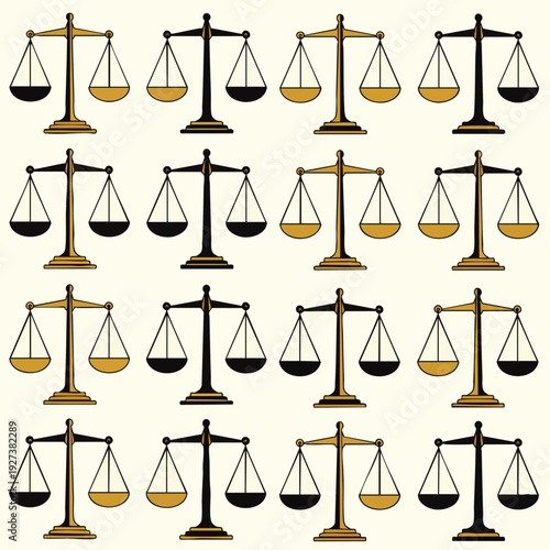Seamless pattern featuring multiple balanced scales of justice, representing legal concepts, equality, fairness, and the judicial system.