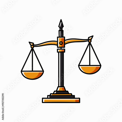 Golden balance scale icon symbolizing justice, law, equality, and fairness. Vector illustration representing legal concepts, equilibrium, and decision-making for various applications.