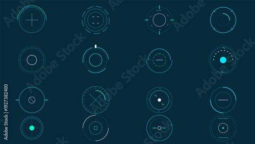 Futuristic HUD interface elements set with circular targets and digital crosshairs for high tech user interface design on dark background