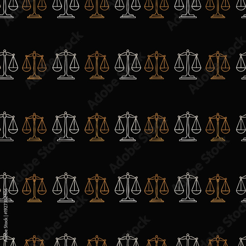 Elegant seamless pattern featuring alternating gold and silver outline scales of justice on a deep black background, symbolizing law, equality, and ethical principles.