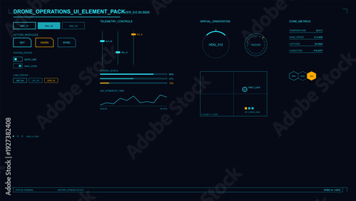 Futuristic drone operation user interface with telemetry data and spatial orientation elements on dark background