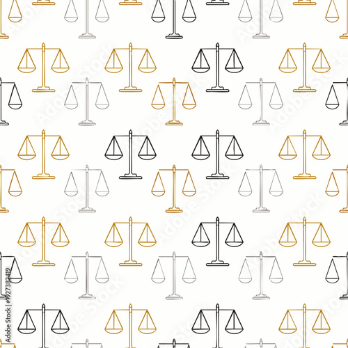 Seamless pattern with hand-drawn gold and silver balance scales, symbolizing justice, law, and equality on a white background, ideal for legal themes and decorative designs.