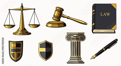 Collection of legal and justice symbols: scales, gavel, law book, shields, column, and pen, representing court and authority.