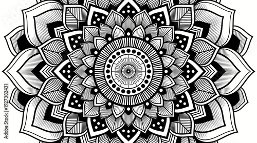 Intricate Black and White Mandala Design: Symmetrical Floral & Geometric Line Art for Meditation and Creative Projects