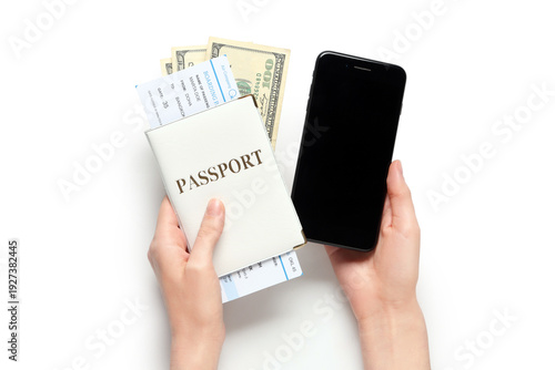 Female hands with passport,...