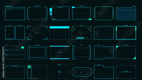 Futuristic HUD UI elements set with digital frames and data display for sci-fi interface design on dark background