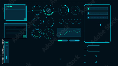 Futuristic HUD user interface dashboard with digital data panels circular gauges and satellite tracking elements