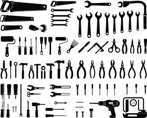Comprehensive collection of black silhouette hand tools and hardware items including saws, wrenches, screwdrivers, hammers, pliers, drill, nuts, bolts, and DIY repair illustration.