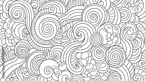 Intricate Abstract Swirls Pattern for Adult Coloring. Hand-Drawn Zentangle Doodle Line Art Background with Organic Waves & Spirals for Relaxation & Creativity.