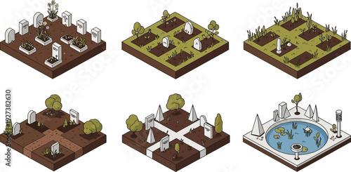 Isometric vector graphic illustration set depicting grave evolution stages