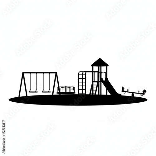 Children Playground Equipment Silhouette Set with Swings and Slide