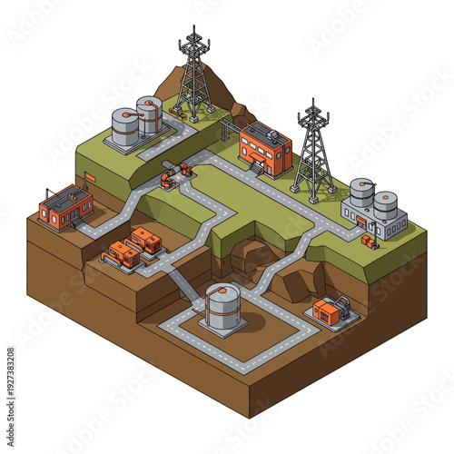 Isometric illustration of an oil refinery with pipelines and infrastructure.