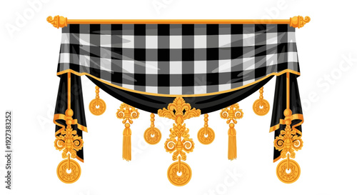 Traditional Balinese Black and White Buffalo Plaid Curtain with Gold Ornate Tassels and Coins