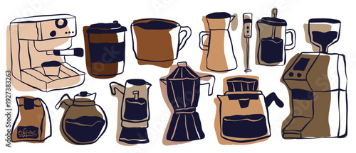 Colorful flat vector illustration set of coffee equipment and brewing tools. Perfect for cafe branding, menu design, stickers, and beverage concepts.