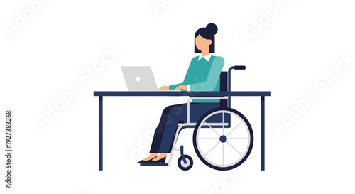 Professional Woman in Wheelchair Working on Laptop at Modern Office Desk