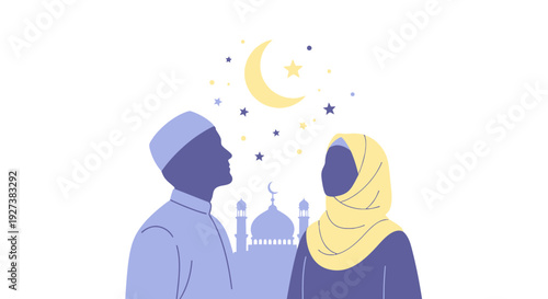 Muslim Couple Observing Crescent Moon and Stars Above Mosque, Celebrating Islamic Faith and Community