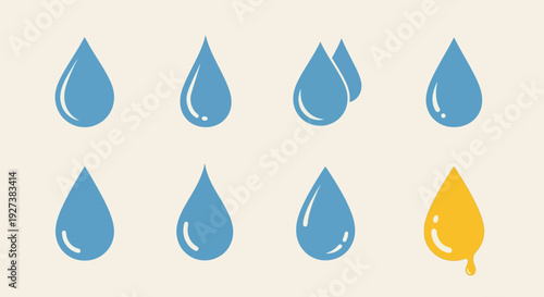 Unique yellow water drop stands out from blue drops, concept of individuality and difference