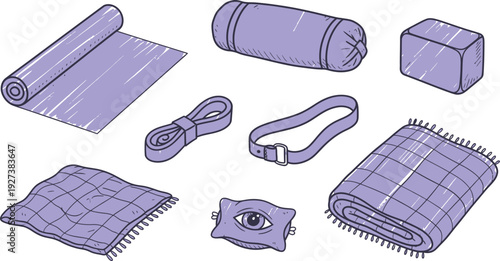Hand-drawn purple vector illustration of various yoga and meditation items