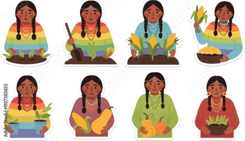 Indigenous woman agriculturist sticker set showing farming life cycle stages