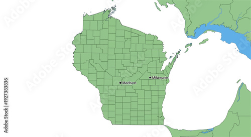Wisconsin Map Outline with County Divisions and Major Cities Labeled