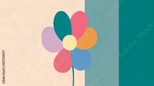 Simple, stylized flower with colorful petals against a divided background
