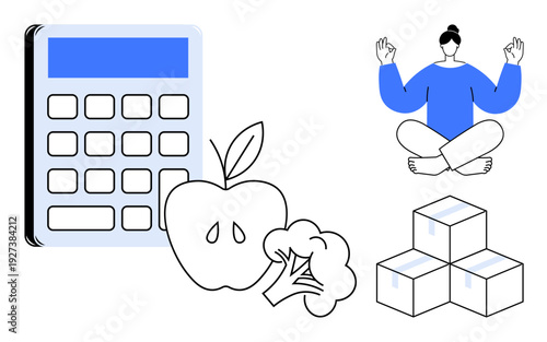 Health improvement, financial planning, dietary choices, meditation for stress relief, logistics, personal productivity. Calculator, apple broccoli boxes and a meditative person. Health