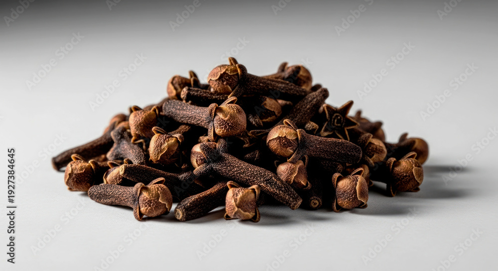 Obraz premium Clean and clinical overhead view of a heap of high-quality dried cloves showcasing their uniform size and rich earthy tones on a light surface