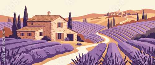Scenic Provence Landscape Vector Illustration with Purple Lavender Fields, Traditional Stone Farmhouse, Winding Path, Cypress Trees, and Distant Hilltop Village under a Warm Golden Sunset Sky.