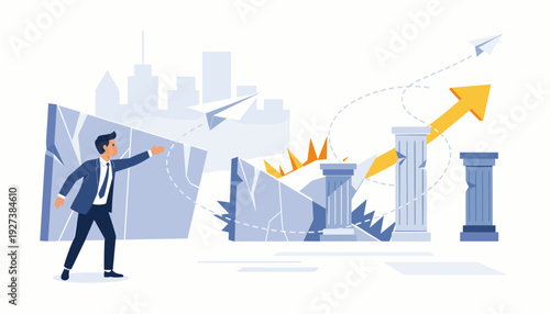 Businessman Throwing Paper Plane Through Obstacles Towards Rising Success Arrow and City Skyline, Concept of Business Strategy, Innovation, Overcoming Challenges, and Achieving Growth Goals.
