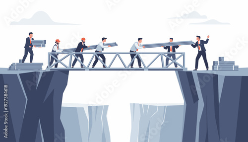Business team building a bridge over a cliff gap, teamwork and collaboration concept. Professional men in suits constructing a steel path to overcome obstacles and achieve success together.