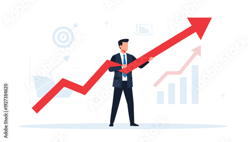Businessman pulling a large red arrow upwards to achieve success and growth. Vector illustration of a professional man in a suit managing financial progress, targets, and career development goals.