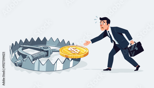 Businessman Reaching for Gold Dollar Coin Inside a Dangerous Metal Bear Trap, Concept of Financial Risk, Investment Danger, Greed, Debt Trap, Economic Hazard, and Business Failure Vector Art.
