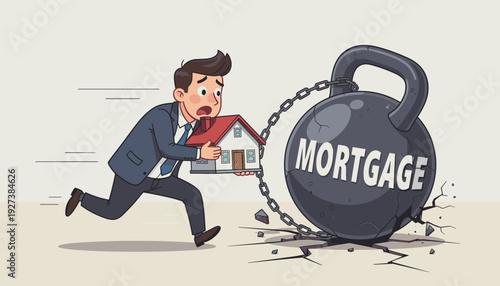 Stressed Businessman Running Away While Carrying a House Model and Chained to a Heavy Weight Labeled Mortgage, Symbolizing Financial Debt Burden, Real Estate Crisis, and Economic Pressure