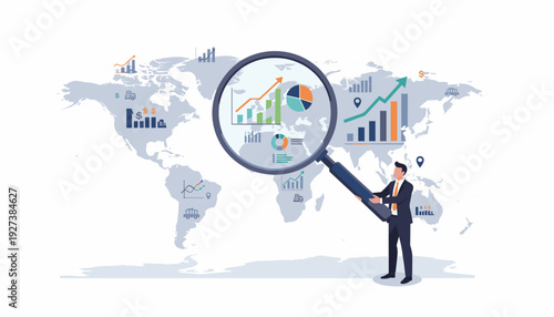 Professional businessman using a giant magnifying glass to analyze financial graphs and data charts on a world map, concept of global market research, international investment, and economic growth.